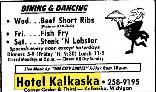 Hotel Kalkaska (Hotel Sieting) - Feb 1977 Ad (newer photo)